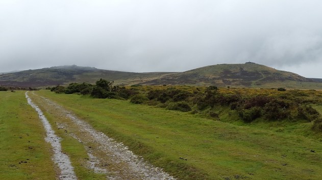 Following the track from Lydford with Brat Tor right and Arms Tor left