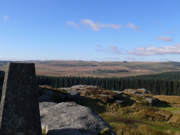 Bellever Tor trig with Longaford Tor and Higher White Tor over Bellever Forest