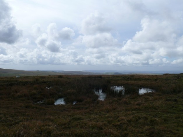 Loking over a small pond on Eylesbarrow to Plymouth Sound