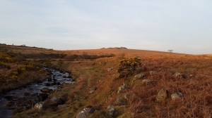 Sunset looking up to Legis Tor from the banks of the Plym