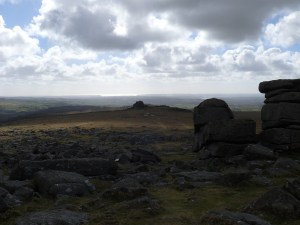Looking from Great Staple Tor down to Middle Staple Tor, Plymouth Sound beyond.