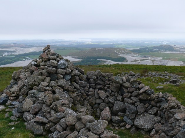 Penn Beacon cairn looking down to the Lee Moor China Clay works