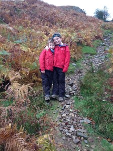 Wet weather gear on, climbing the path