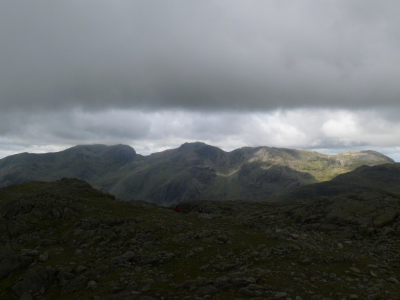 First look at the Scafell range, Scafell Pike in the middle
