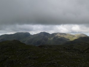 First look at the Scafell range, Scafell Pike in the middle