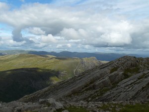 The Great Slab on Bowfell with the Langdale Pikes beyond.