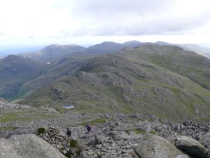 Looking down on Three Tarns and Crinkle Crags from Bowfell. Red Tarn can be seen in the distance.