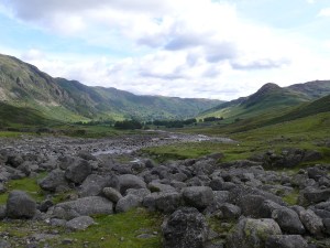 Looking out of Oxendale back into Great Langdale, pointy Side Pike on the right