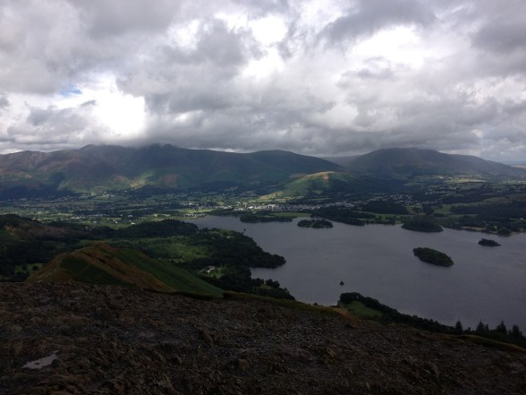 Skiddaw with its head in the clouds and Keswick below from Catbells