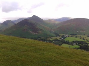 Looking into Newlands Valley, Causey Pike is the pointy fell to the left