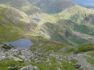 From the summit a view down to Low Water, with Levers Water peeking out