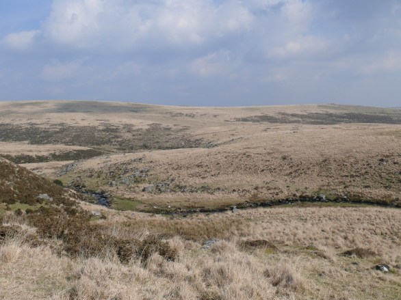 Contouring around the bend in the East Dart river on the final part to the waterfall