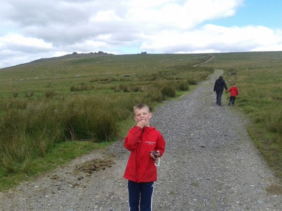 Bite to eat on the path up with Little and Great Mis Tor ahead