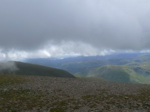 Cloud begins to lift, Coniston Water in the distance