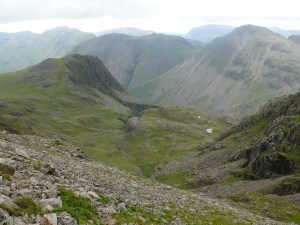 From Broad Crag the view down to Lingmell and the top of Piers Gill, with Kirk Fell behind.