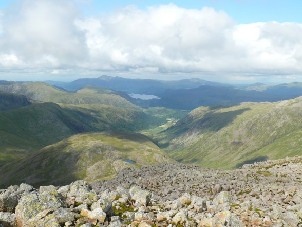 Great End summit looking down to Derwent Water and Seathwaite
