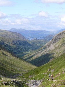 Descending Grains Gill with Derwent Water and Skiddaw in the distance.