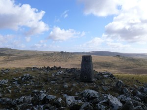 Cox Tor trig with the Staple tors in the middle distance and North Hessary Tor and the mast beyond