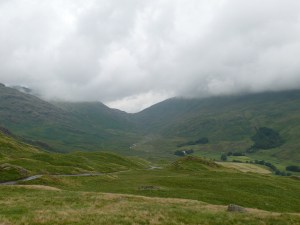 Top of the Hardknott Pass looking back to the wriggly Wrynose Pass